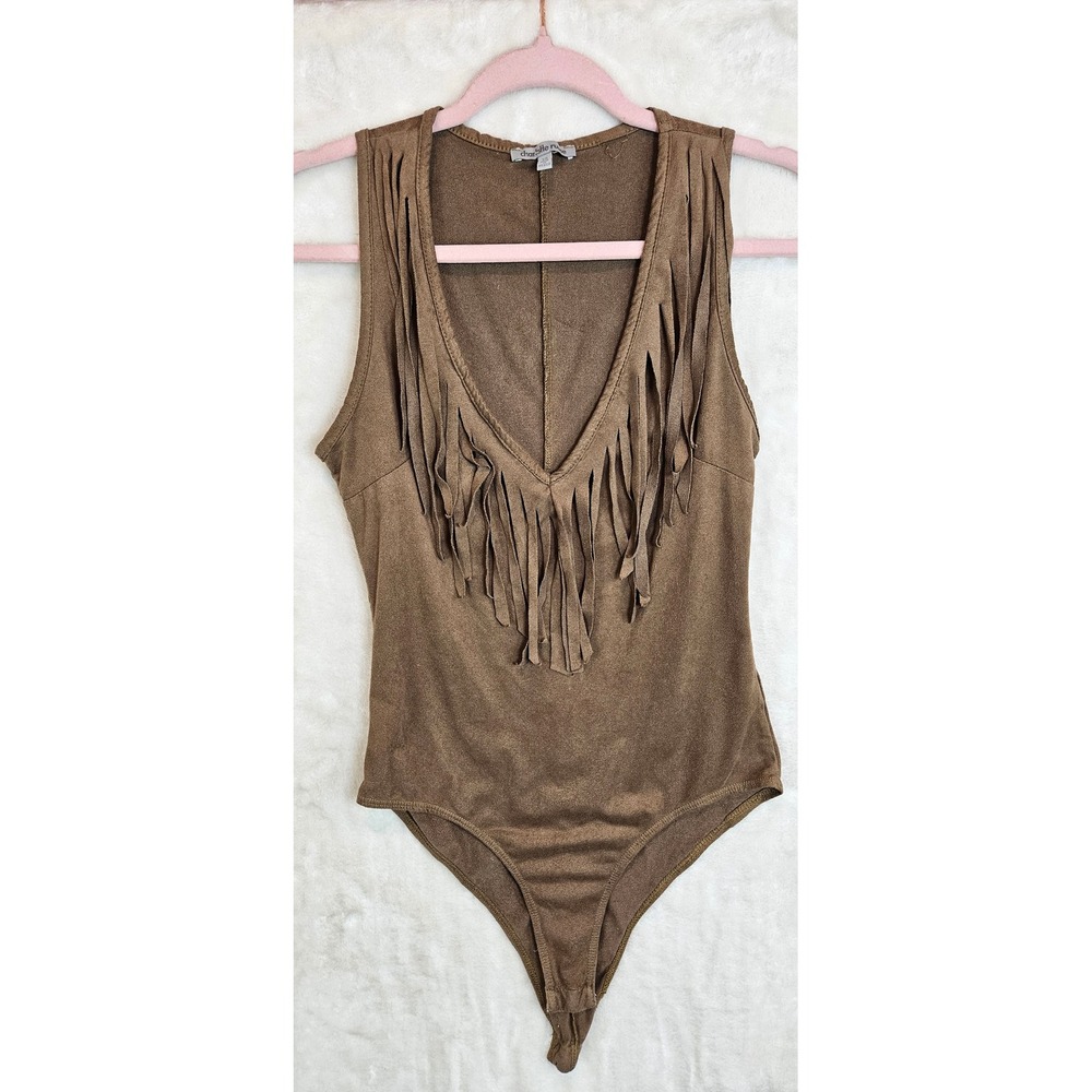 Charlotte Russe Brown Faux Suede Fringe V-Neck Bodysuit Womens Sleeveless Boho